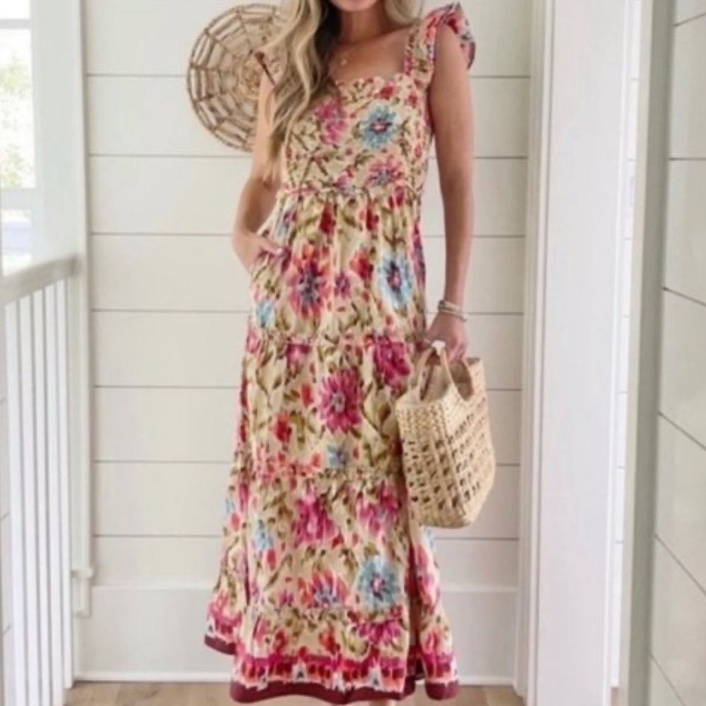 House Of Harlow 1960 Zoey Khaki pink red Floral Print Smocked Maxi Dress EUC - Picture 3 of 7